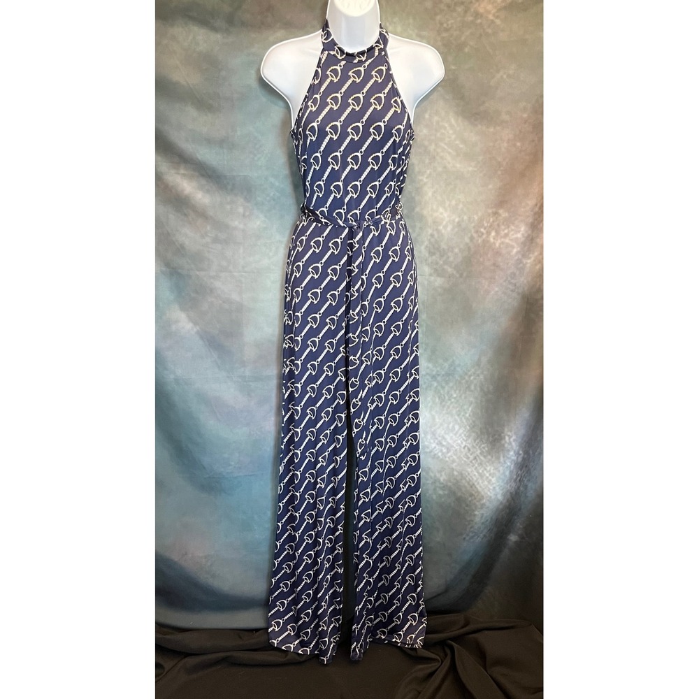 Goodtime USA Navy‎ Equestrian Stirrup Print Halter Jumpsuit Wide Leg M